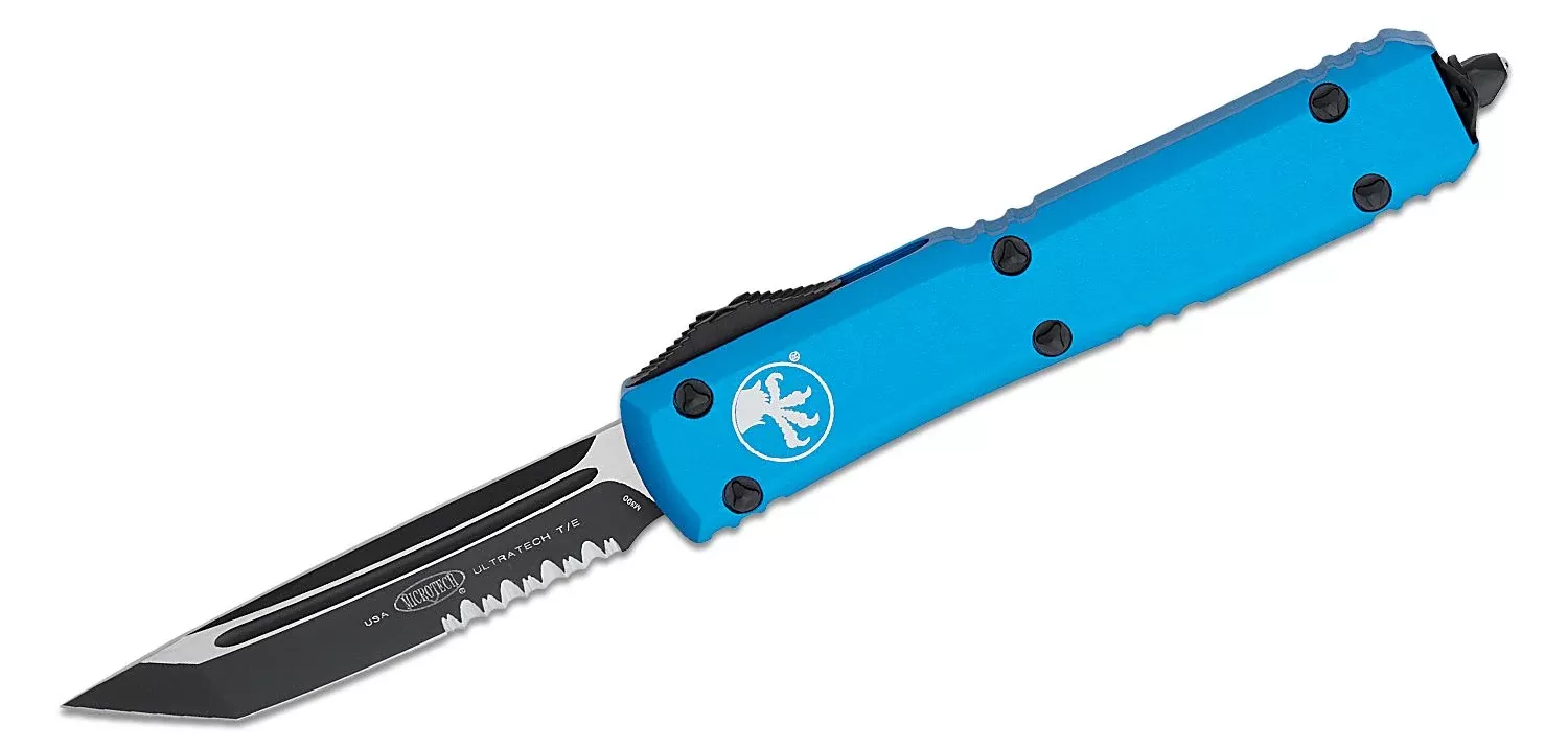 Microtech Ultratech Tanto Edge Blue Partial Serrated Out the Front Knife