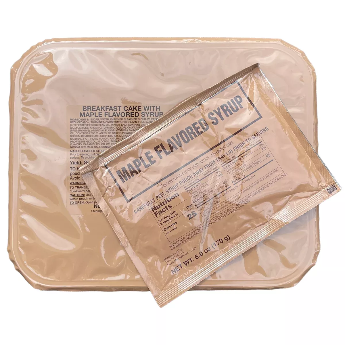 Military MRE Tray Pack, Breakfast Cake with Maple Syrup, Ready to Eat (UGR Component)