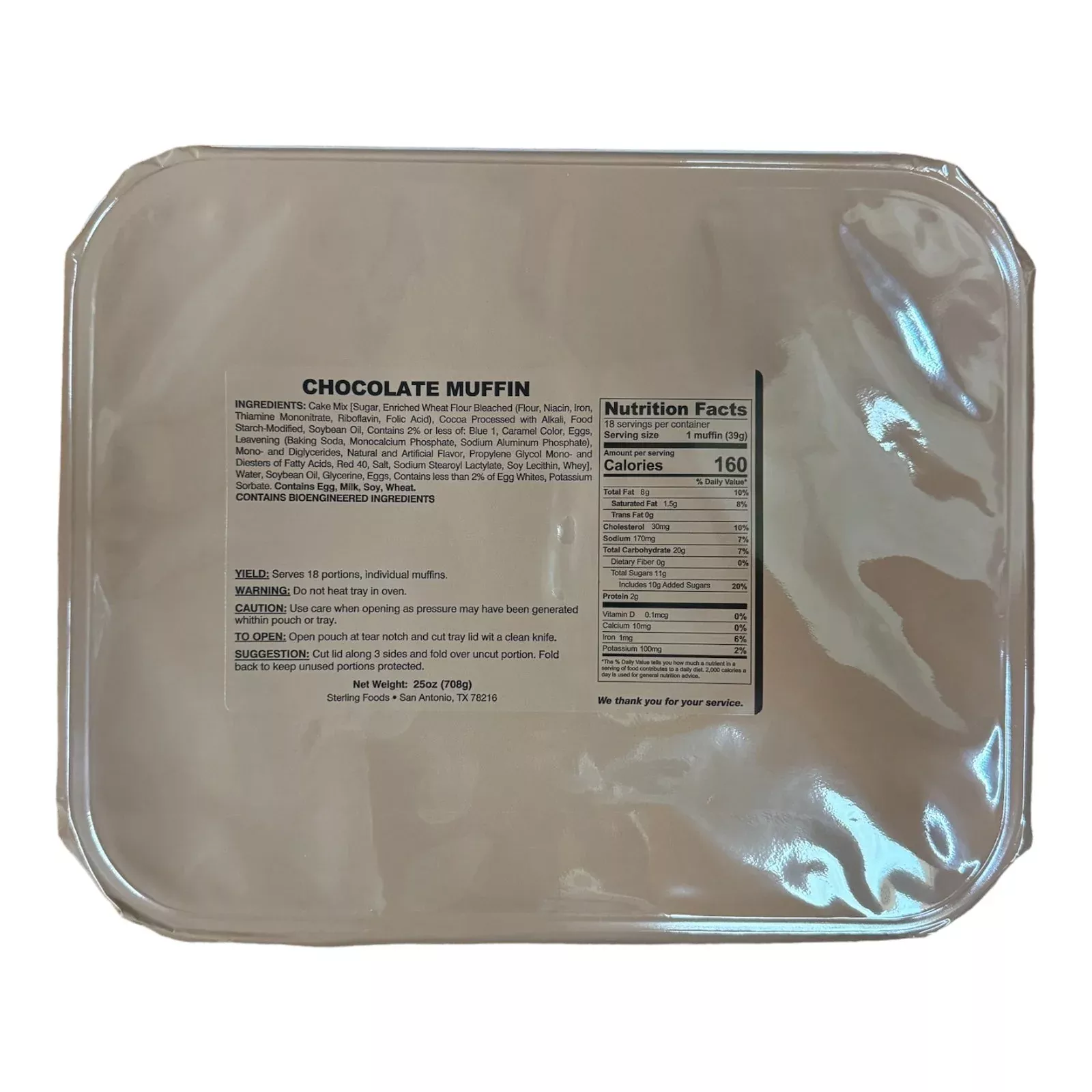 Military MRE Tray Pack, Chocolate Muffin, Ready to Eat (UGR Component)