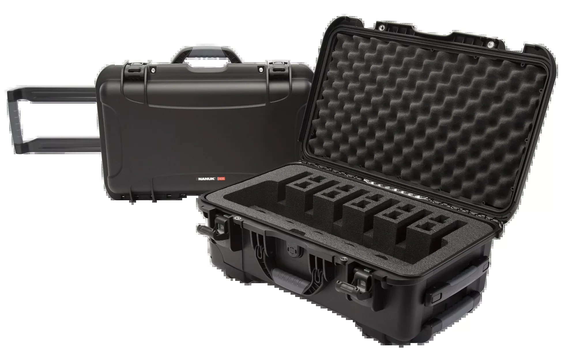 NANUK 935 6-Up Pistol Case, Black Polymer, Closed-Cell Foam, Wheels & Pull Handle – 9356UP1