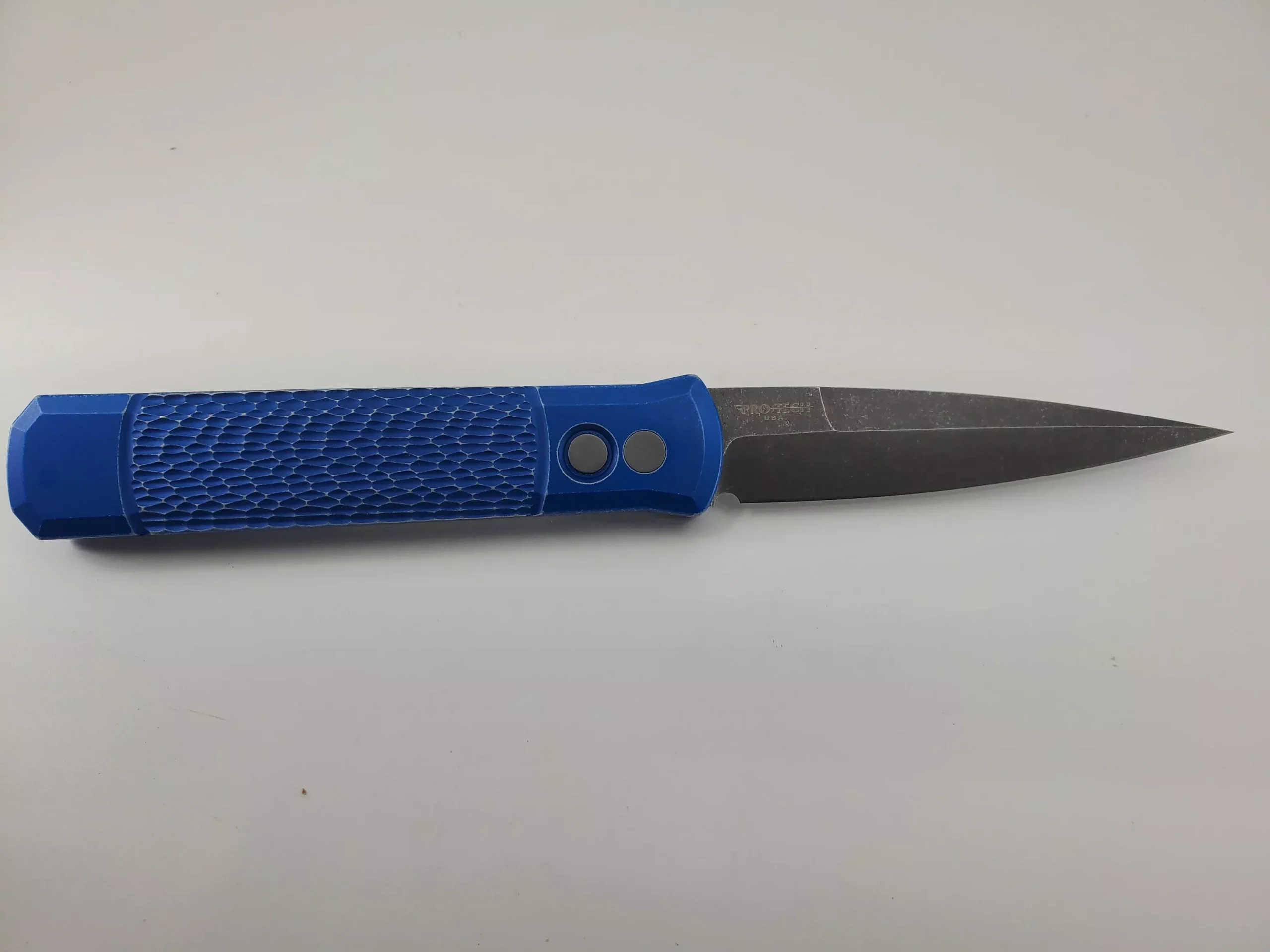 Protech Blade West 2024 Leftie Godfather Battleworn “Jigg” Blue Handle Auto Folding Knife