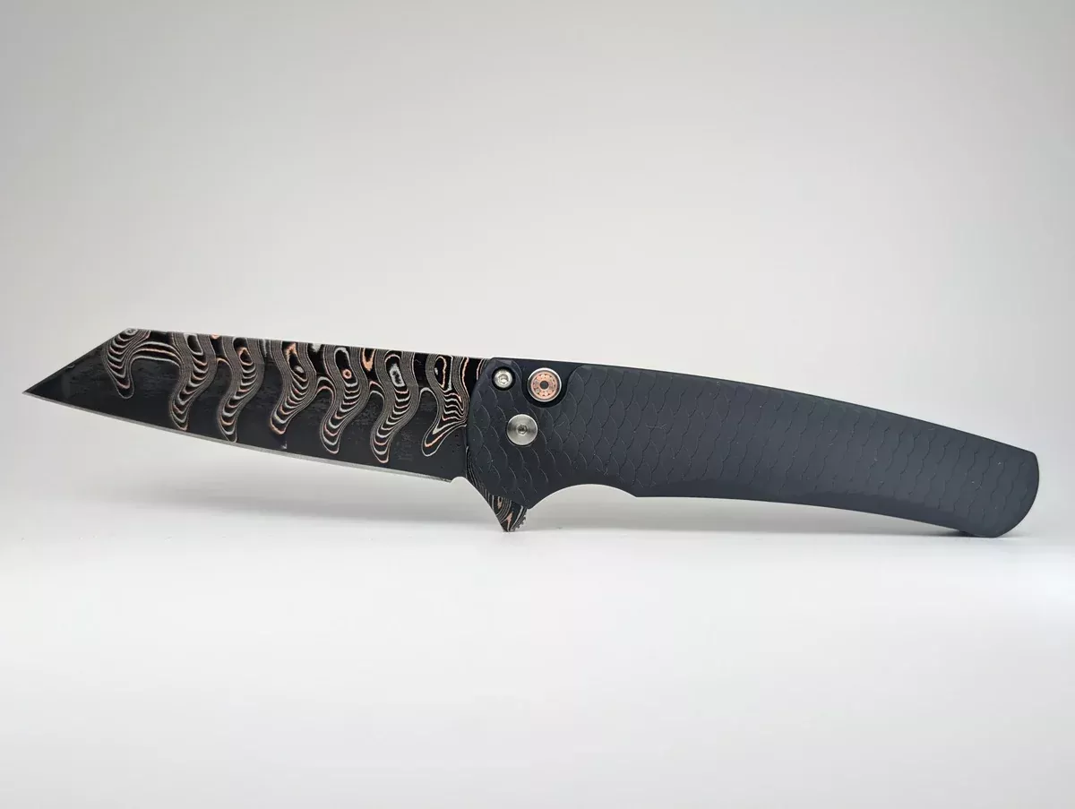 Protech Malibu Custom Dragon Scale BakerForge Coppermai Ripple Damascus Reverse Tanto Buttonlock Folding Knife