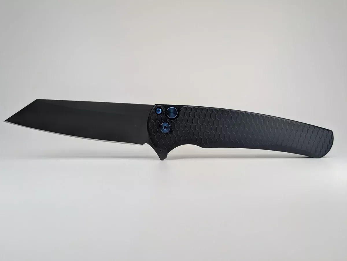 Protech Malibu Dragon Scale Black Sapphire Blue Hardware DLC Magnacut Button Lock Folding Knife