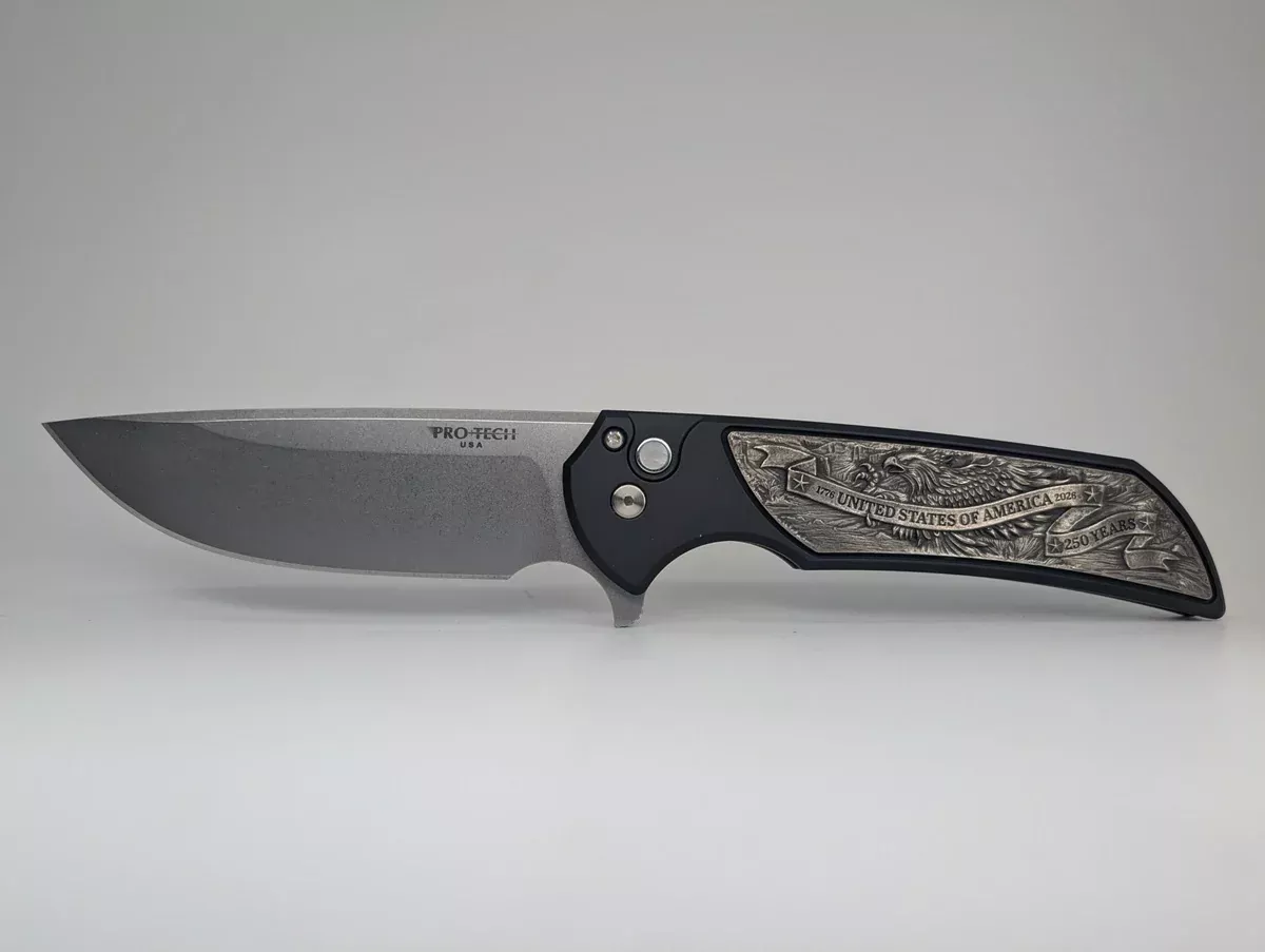 Protech Mordax Cast White Brass "USA 250th" design Magnacut Button Lock Folding Knife