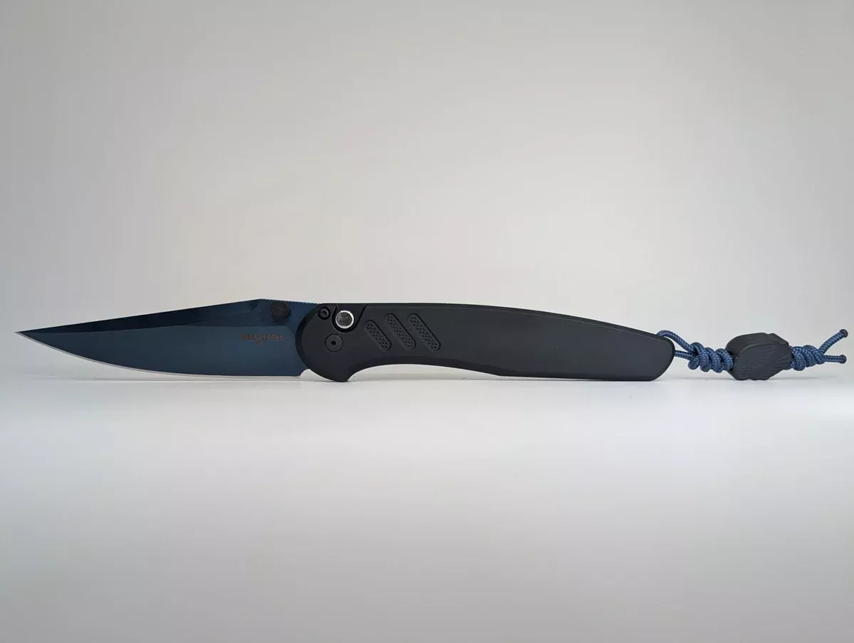 Protech x Peace Neighbor Avalon Black Sapphire Blue PVD MagnaCut Button Lock Folding Knife