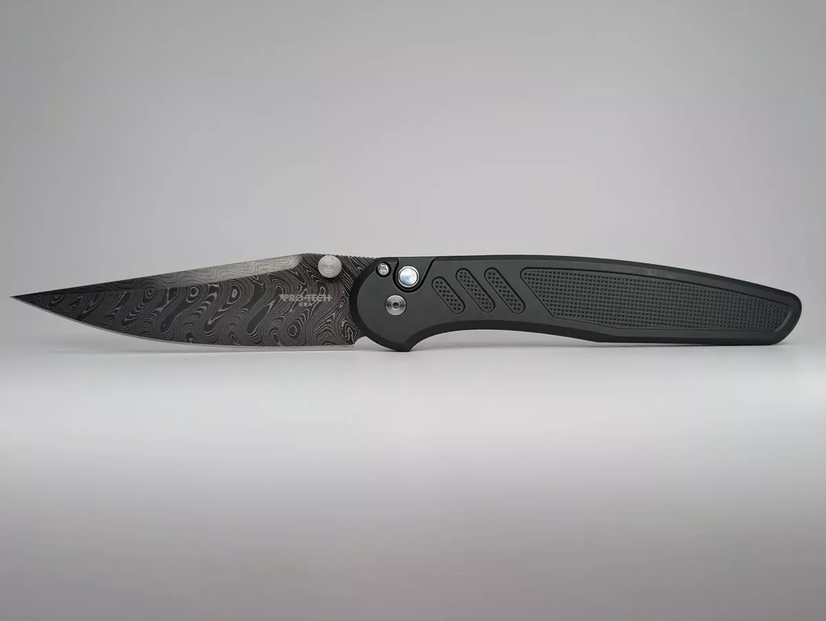 Protech x Peace Neighbor Avalon Custom Knurled Green Boomerang Damascus Button Lock Folding Knife