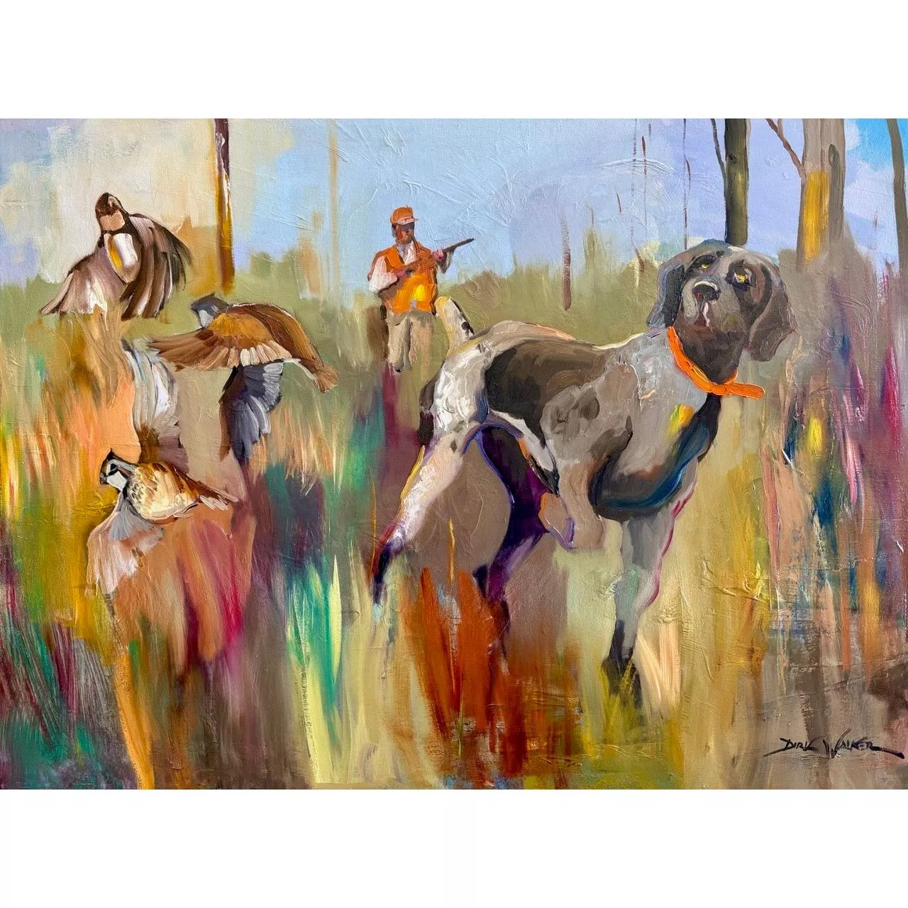 “Quick Flush GSP & Bobwhite Quail” Painting by Dirk Walker