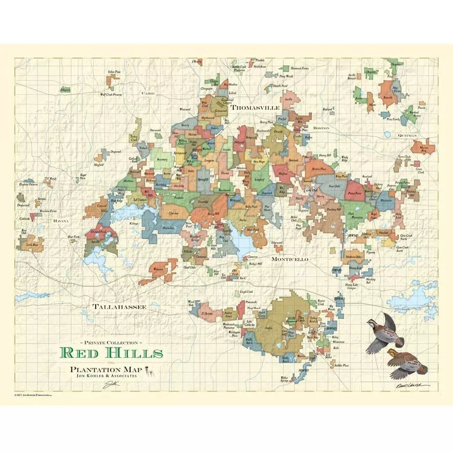 Red Hills Watercolor Giclee Map, Quail art by David Lanier