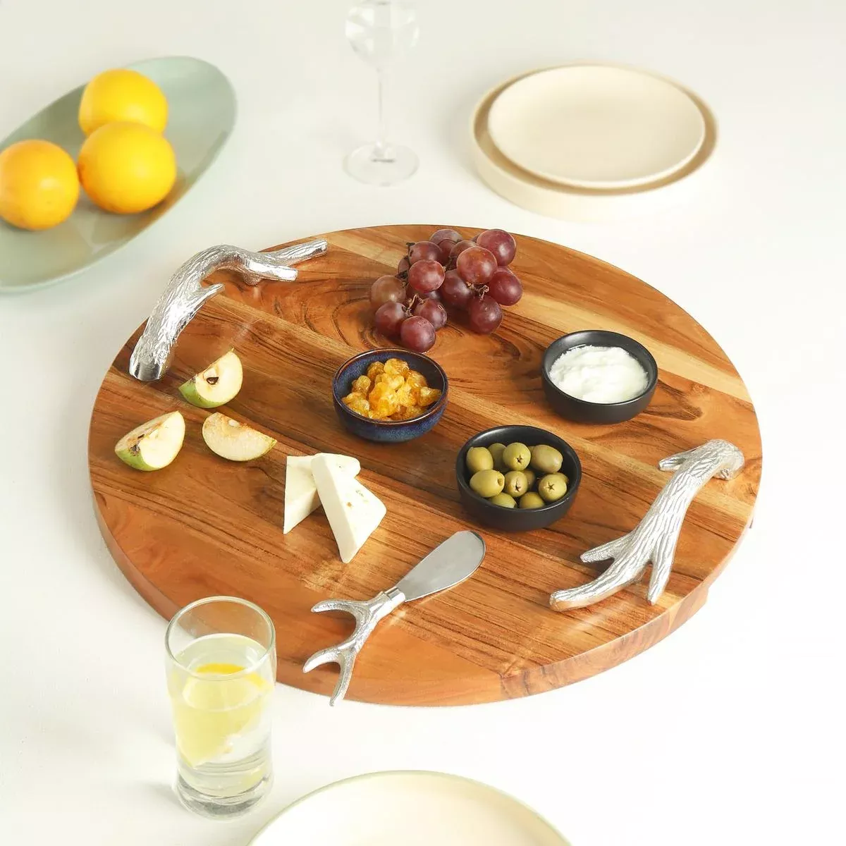 Round Acacia Tray with Aluminum Antler Handles