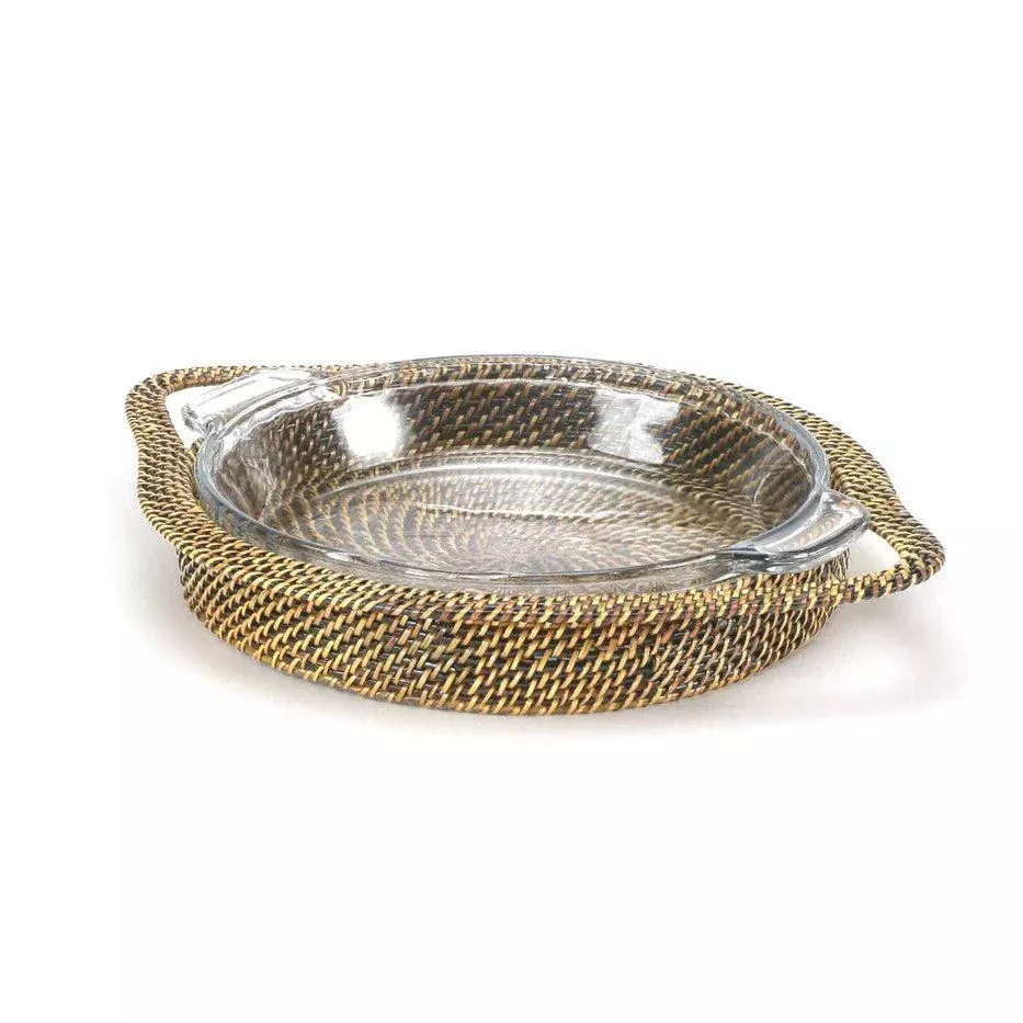 Round Baker Wicker Pyrex Pie Plate w/ Holder