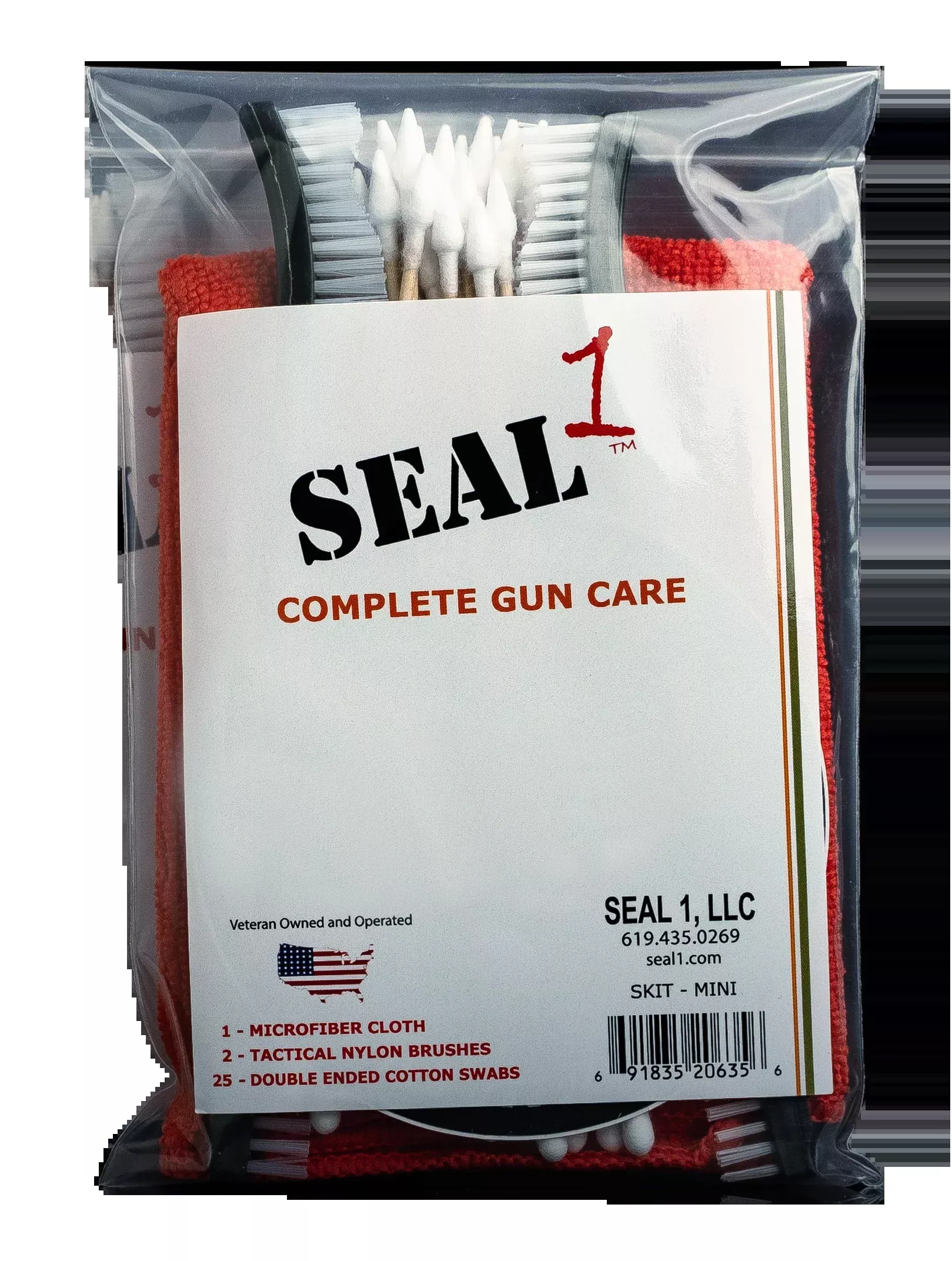 Seal 1 Compact Gun Cleaning Accessories Kit with 12×12 Microfiber Cloth, Brushes & Swabs SKIT-MINI