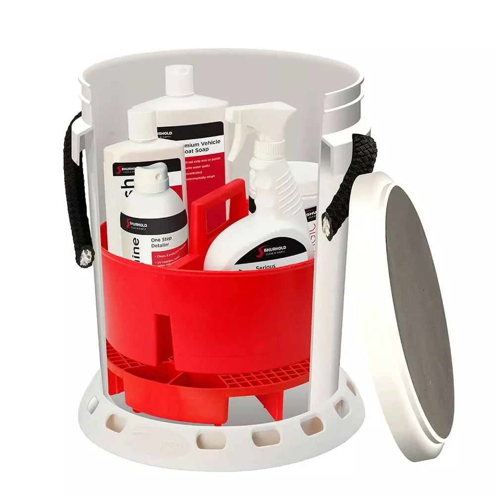 Shurhold 5 Gallon White Bucket Kit – Includes Bucket, Caddy, Grate Seat, Buff Magic, Pro Polish Brite Wash, SMC & Serious Shine