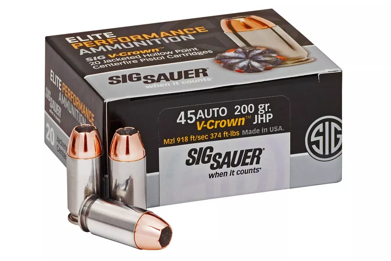 Sig Sauer  45 Auto 200 gr JHP Elite V-Crown 20/Box