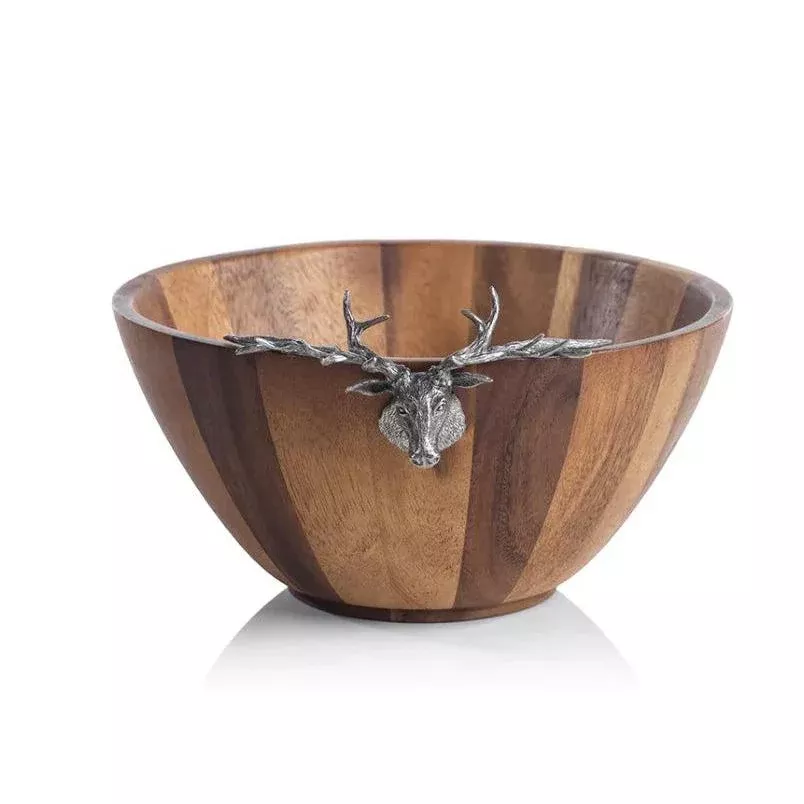 St. Anton Wood & Pewter Stag Head Salad Bowl