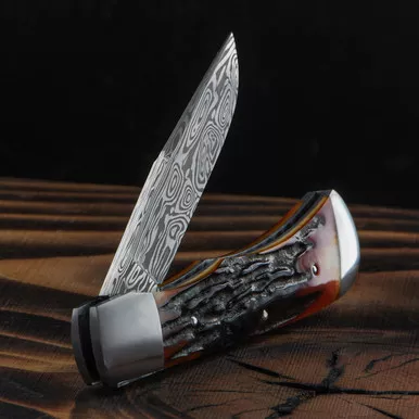 Stan Buzek Trapper Amber Samba Stag Damast Custom Knife
