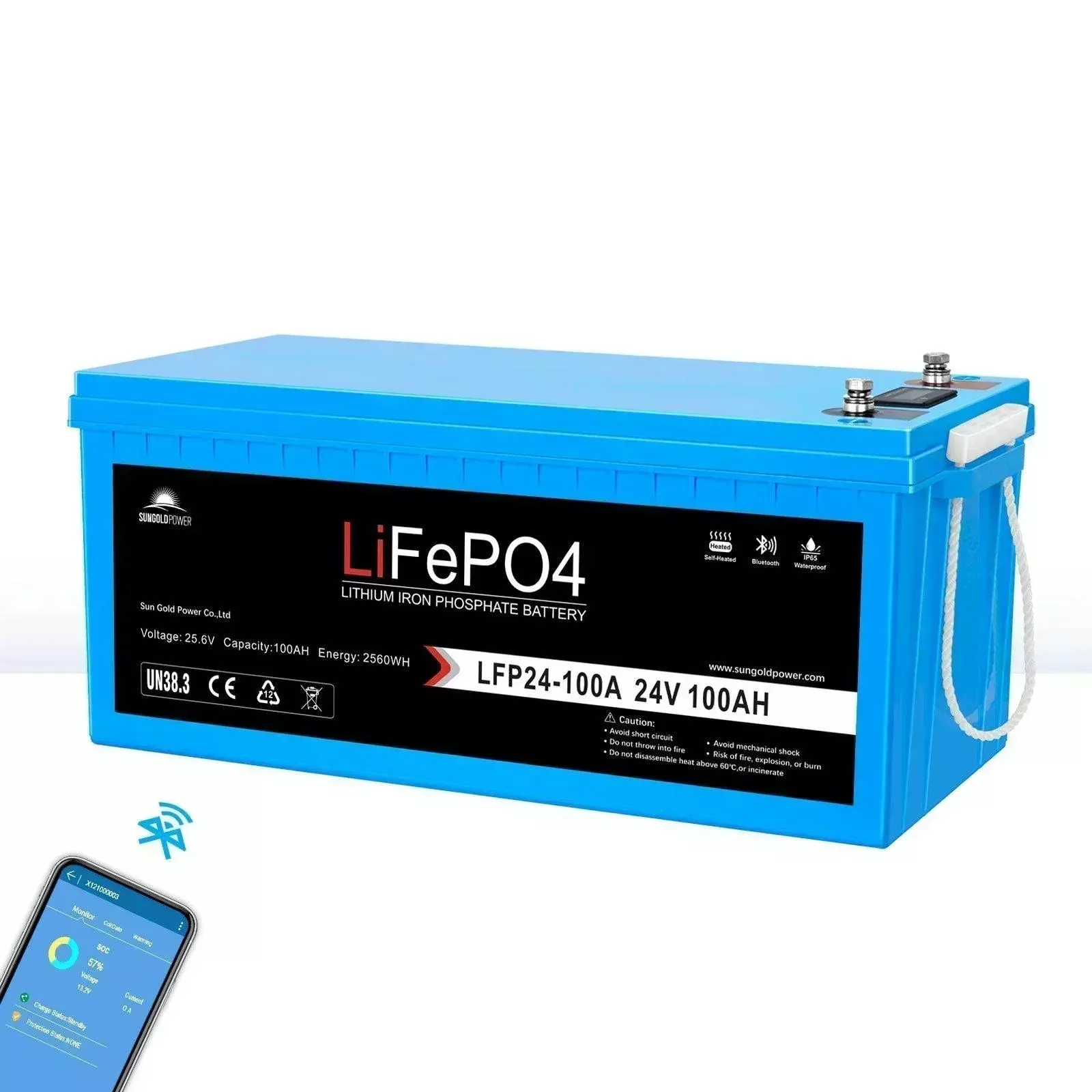 Sungold Power 24V 100Ah LiFePo4 Deep Cycle Lithium Battery Bluetooth Self-Heating / IP65