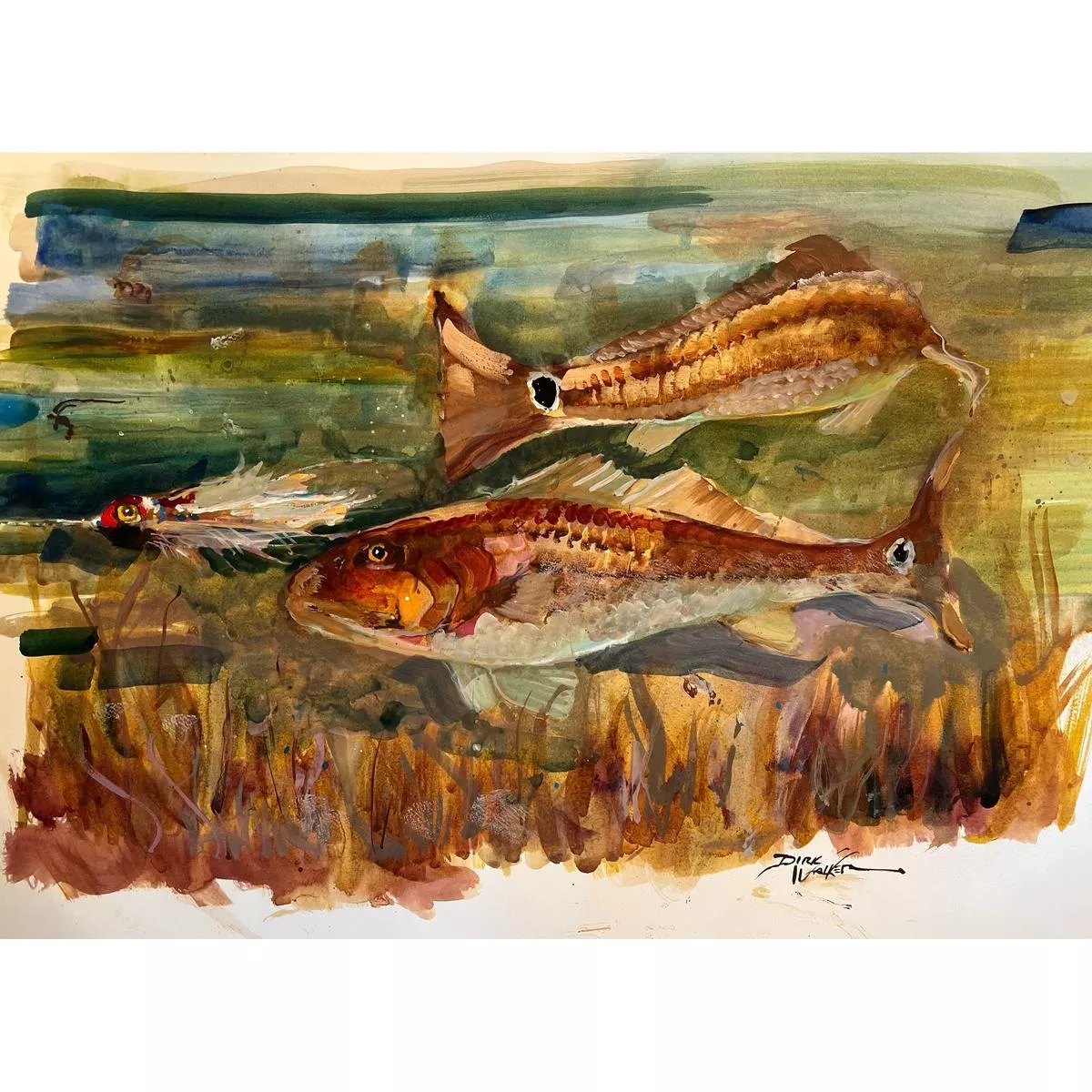 “Trolling A Streamer For Red Fish“ Painting By Dirk Walker