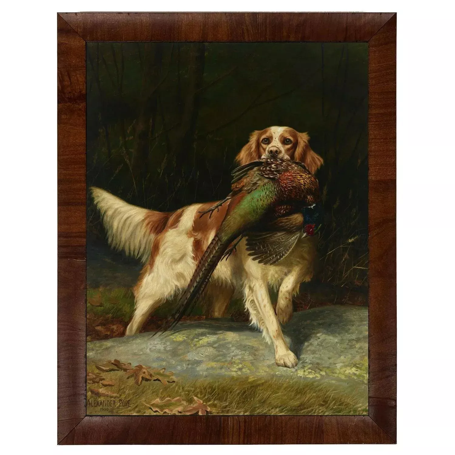 Vintage Dog with Duck Framed Oil Reproduction
