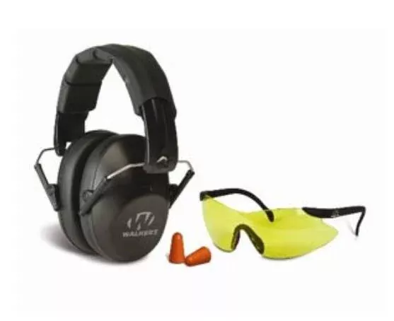 Walker's Pro Low Profile Folding Passive Muff, Foam Ear Plug, Sport Glasses Combo Kit• GWP-FPM1GFP