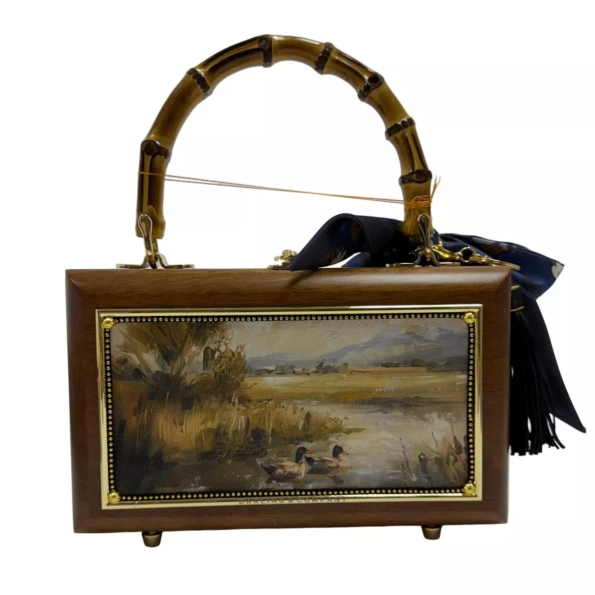 Walnut Duck Scene Handbag w/ Bamboo Handles