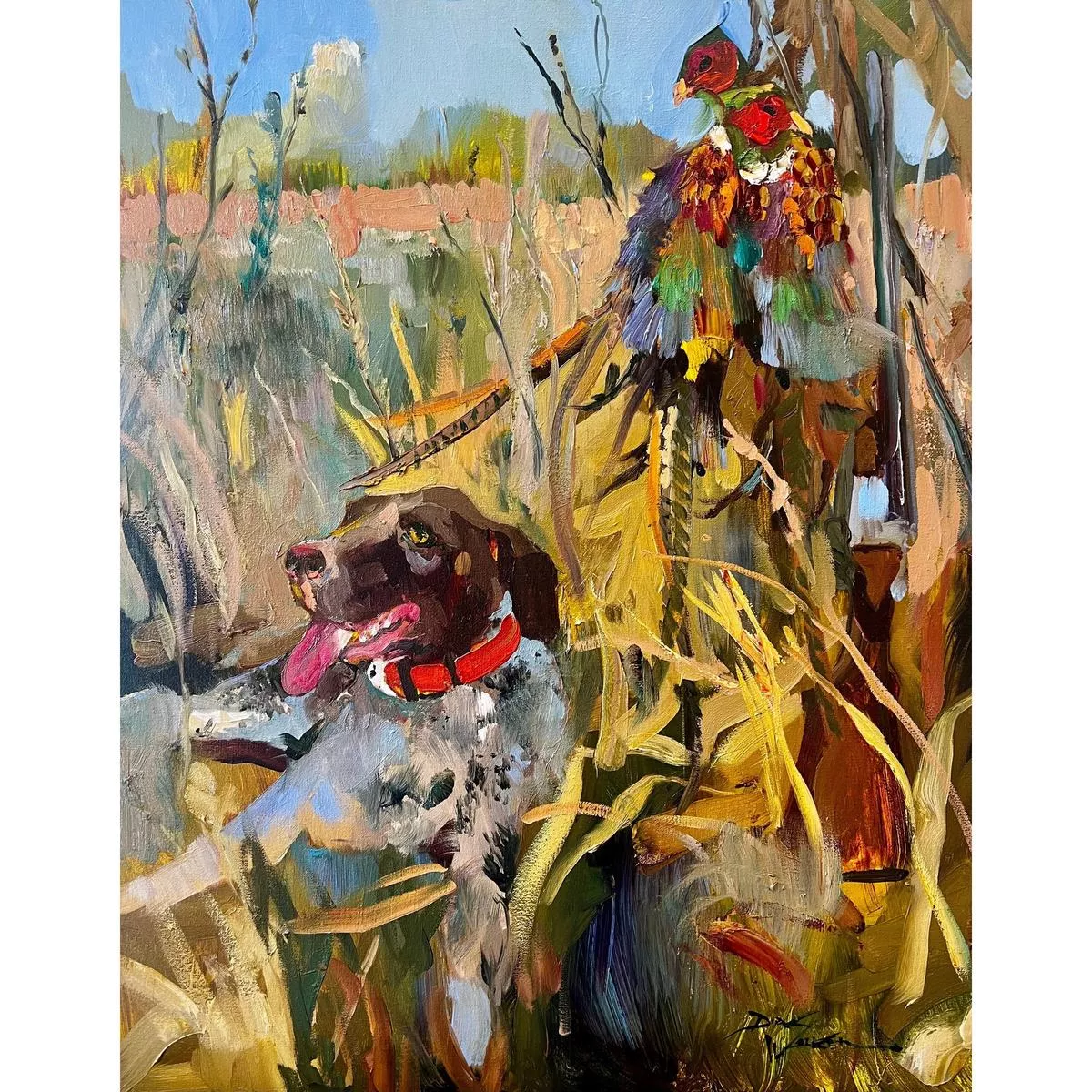 “Well Deserved Rest – GSP & Pheasants” Painting by Dirk Walker