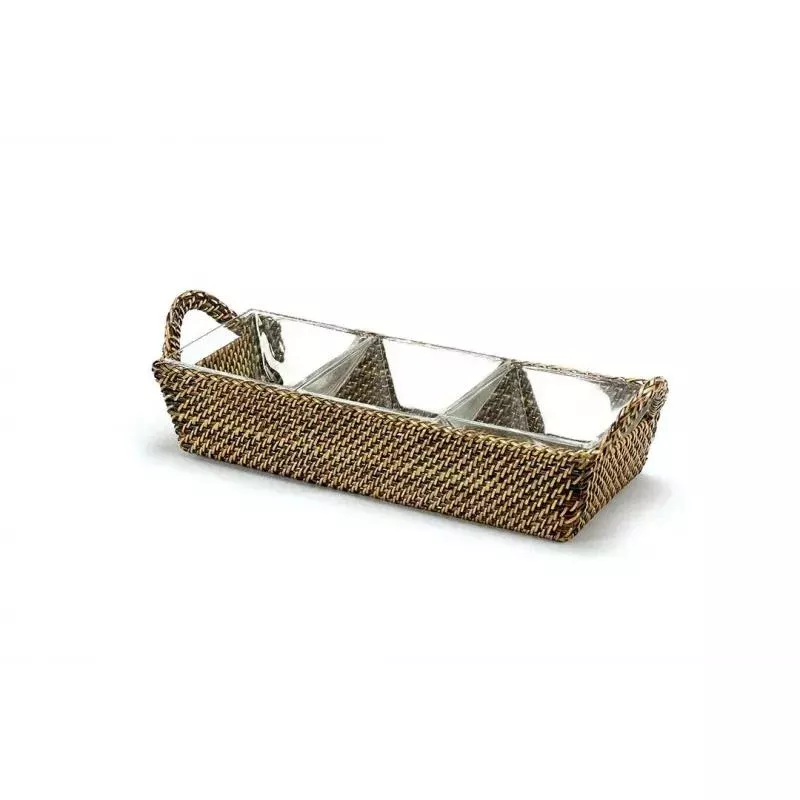 Wicker Rectangular Tray with 3 Square Glass Dishes